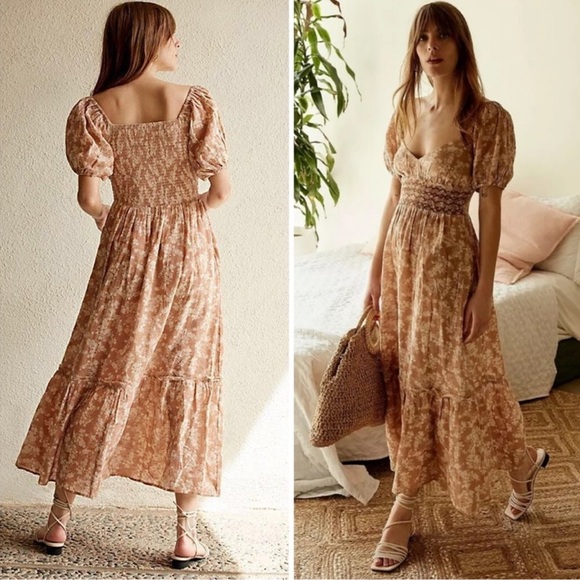 Free People Dresses & Skirts - Free People Ellie Printed Maxi Dress Neutral Floral Boho Smocked S